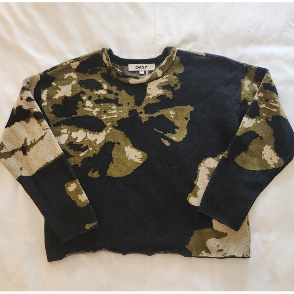 DKNY Womens Med Black Olive Green Abstract Camo Jacquard Knit Sweater Crewneck